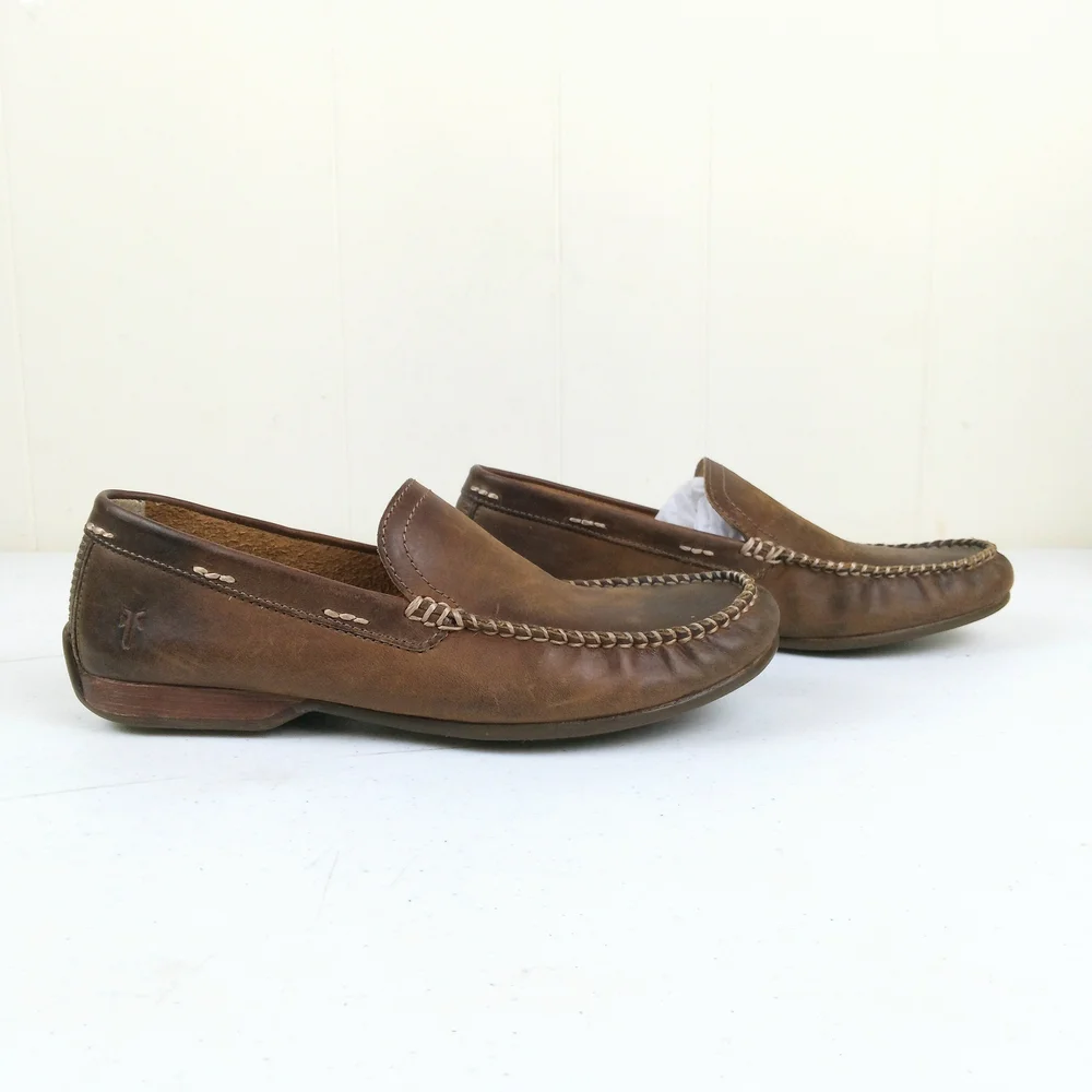 Frye Brown Leather Men’s Moccasin Loafers Size 7 Lewis Venetian Driving Shoes